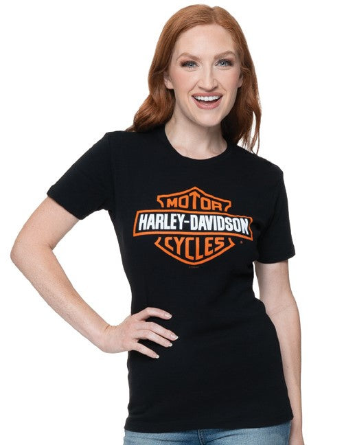 B&S Orange on Black Ladies Short Sleeve Harley-Davidson® Dealer Tee
