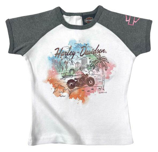 Harley-Davidson® Little Girls' Glittery Raglan Short Sleeve Tee - White/Grey