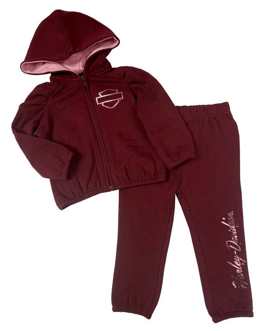 Harley-Davidson® Little Girls' 2-Piece Fleece Hooded Toddler Jogger Set, Dark Red