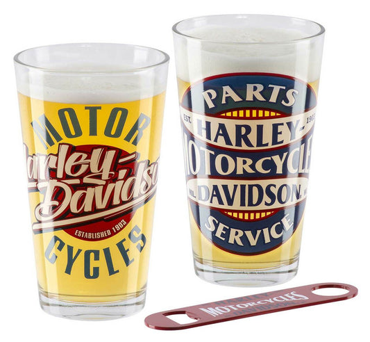 Harley-Davidson® Parts & Service Pint Glasses & Bottle Opener Set